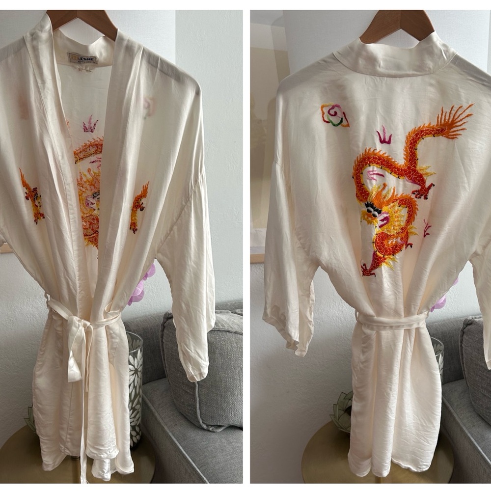 VINTAGE Esme Silk Kimono Robe Ivory Embroidery GlamTie Belt Size L